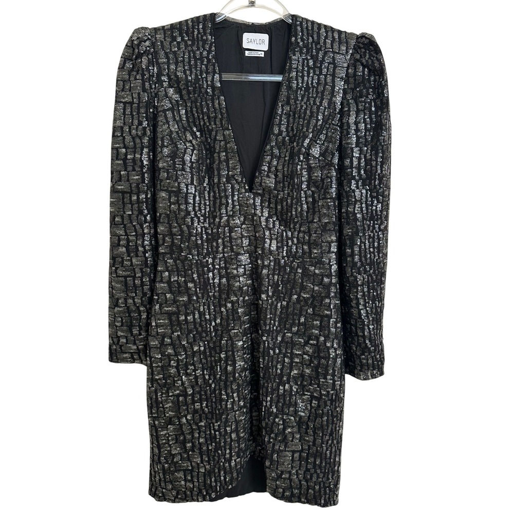 SAYLOR Black Silver Sequined Long Sleeve Mini Dress XS